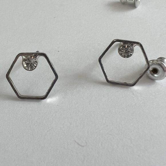 Minimalist Silver Hexagon Stud Earrings Crystal Accent Geometric Post Modern - Picture 3 of 5